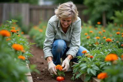 Femme au jardin plantant des marguerites près d'une tomate