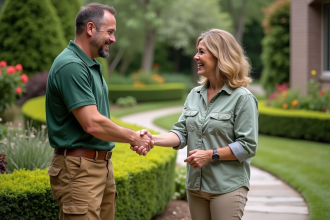 Jardinier homme et femme souriants dans un jardin bien entretenu