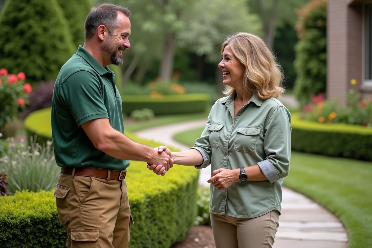 Jardinier homme et femme souriants dans un jardin bien entretenu