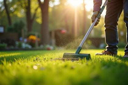 Jardinier au printemps appliquant du granulat anti-mousse sur la pelouse