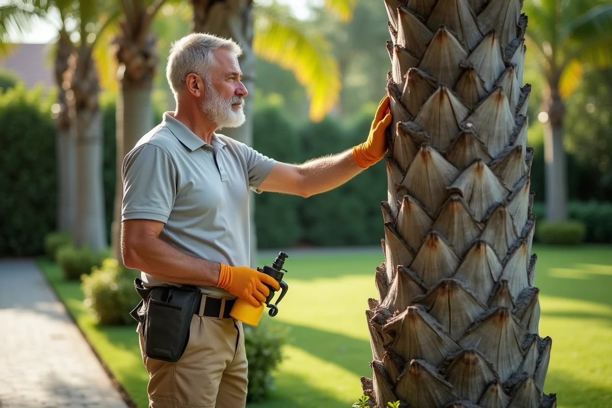 Homme jardinier inspectant un palmier dans un jardin