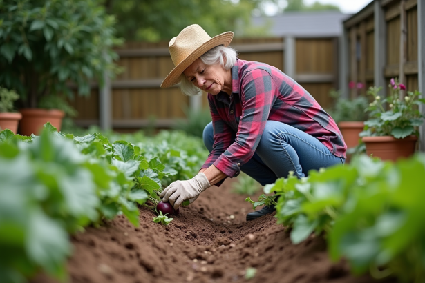 Femme jardiniere inspectant ses légumes dans le jardin