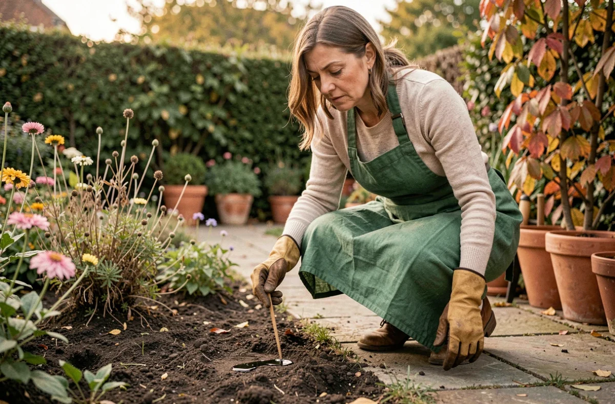 Femme jardinière examinant une crotte d'animal dans son jardin pour en identifier la provenance, hérisson ou chat