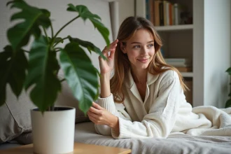 Jeune femme en loungewear nettoyant un ficus dans une chambre