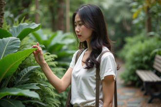 Jeune femme dans un jardin botanique observant une plante verte