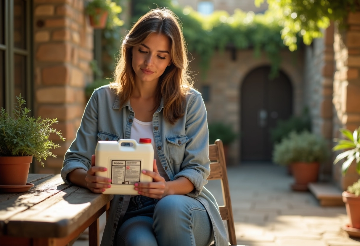 Jeune femme lisant les instructions d’un contenant de glyphosate