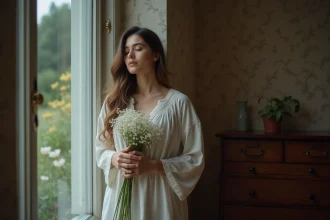 Jeune femme rêveuse avec fleurs blanches près d'une fenêtre nocturne