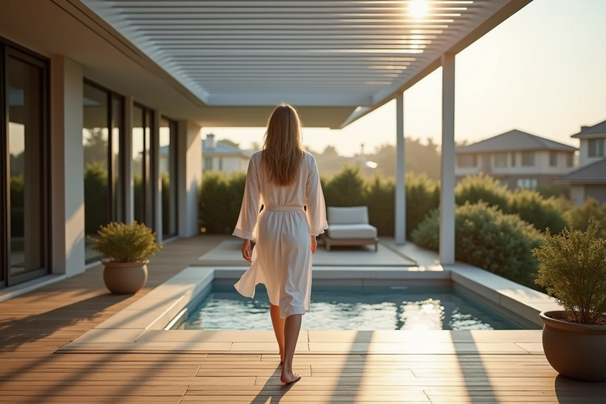 Jeune femme en robe légère marchant vers un spa extérieur moderne
