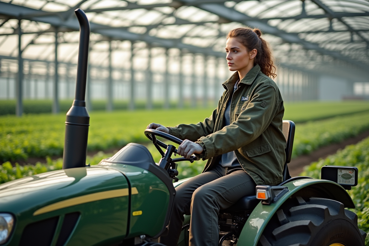 Jeune femme agricole utilisant un tracteur en serre moderne