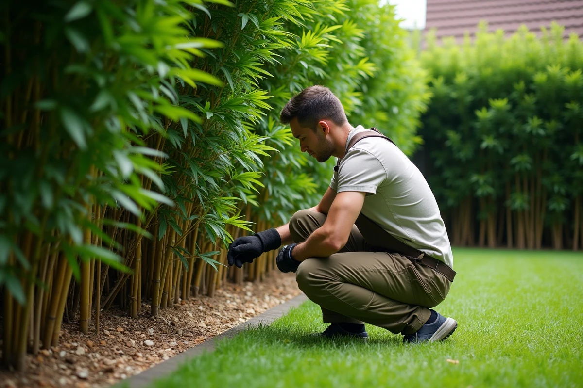 Jeune homme inspectant une haie de bambou dans le jardin