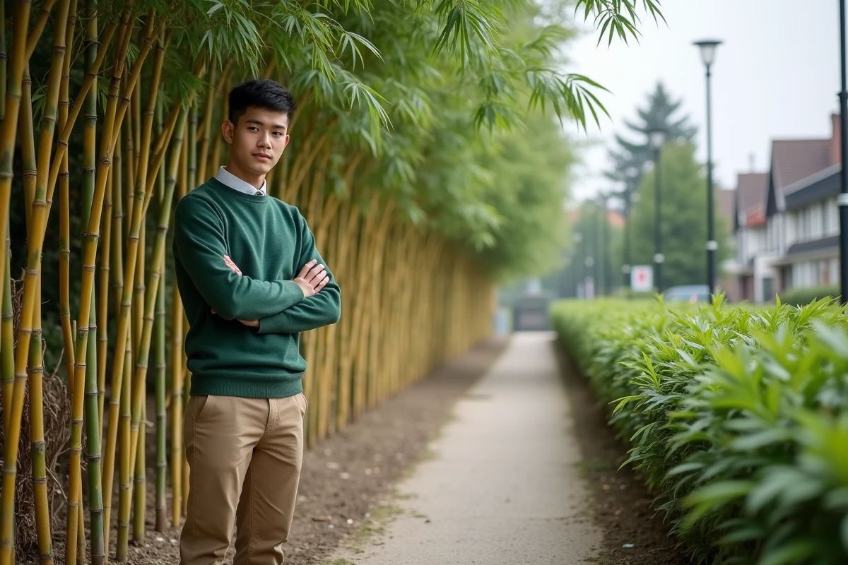 Jeune homme observe bambous jaunes dans jardin communautaire