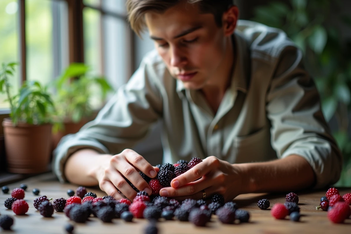 Jeune homme examinant des baies sur une table en bois