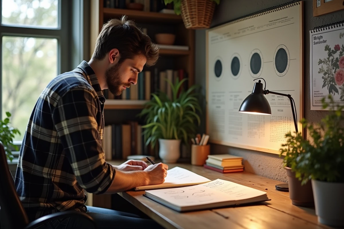 Jeune homme regardant ses notes et calendrier lunaire intérieur