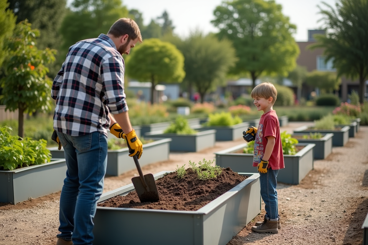 Jeune homme et enfant dans un jardin communautaire avec lit de jardin