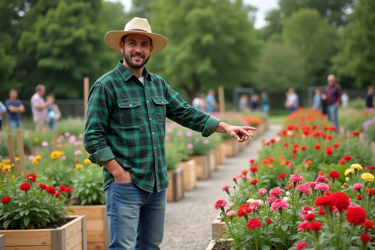 Jeune homme en jardin communautaire pointant une zone de plantation