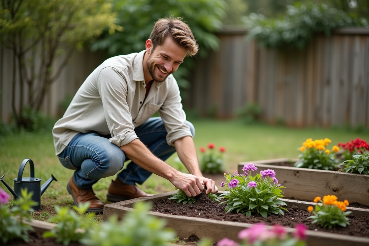 Jeune homme plantant des jeunes fleurs dans le jardin