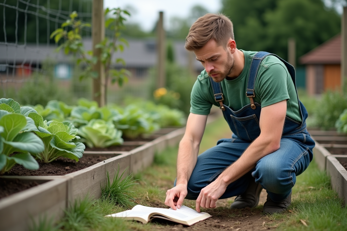Jeune homme en jardinage avec marqueurs de semis