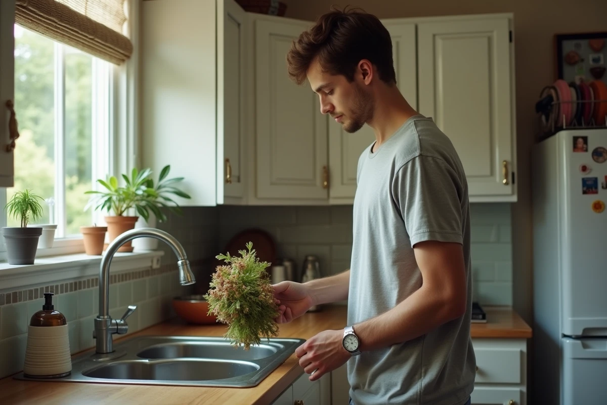 Jeune homme jetant une azalee fanée dans la cuisine