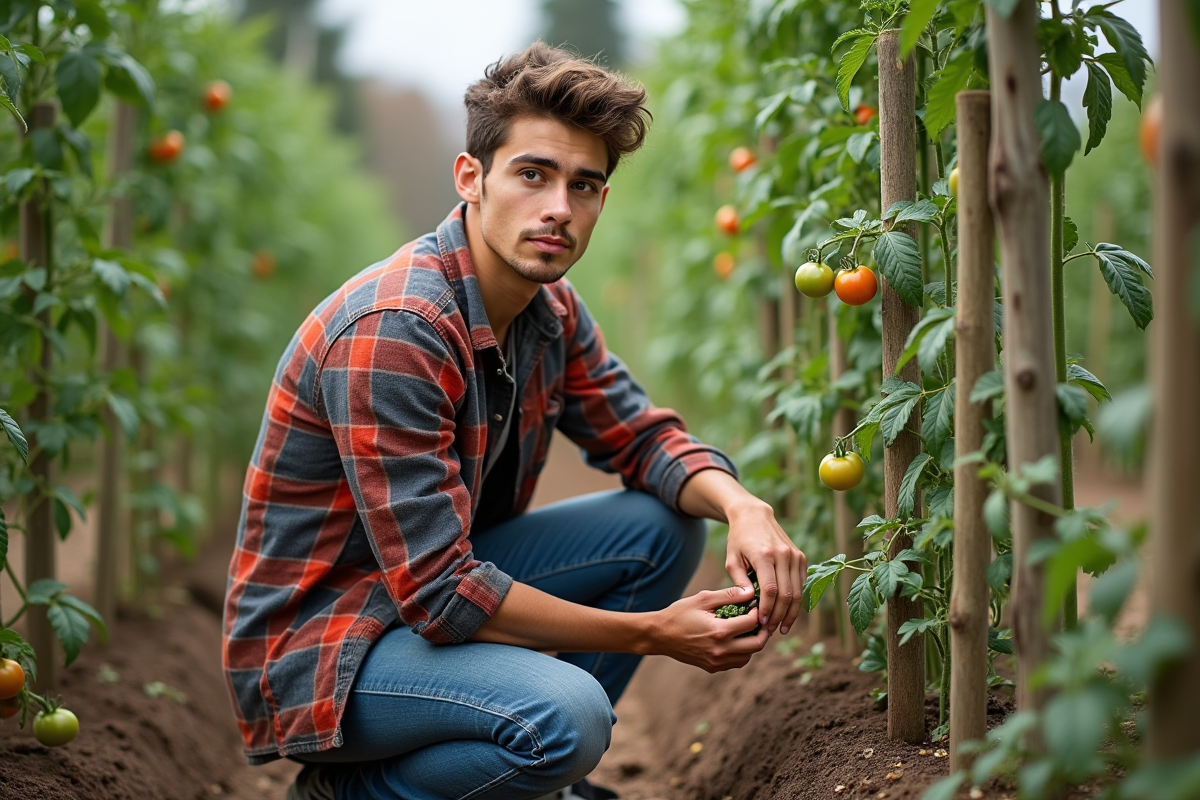 Jeune homme attachant filet autour de tomates