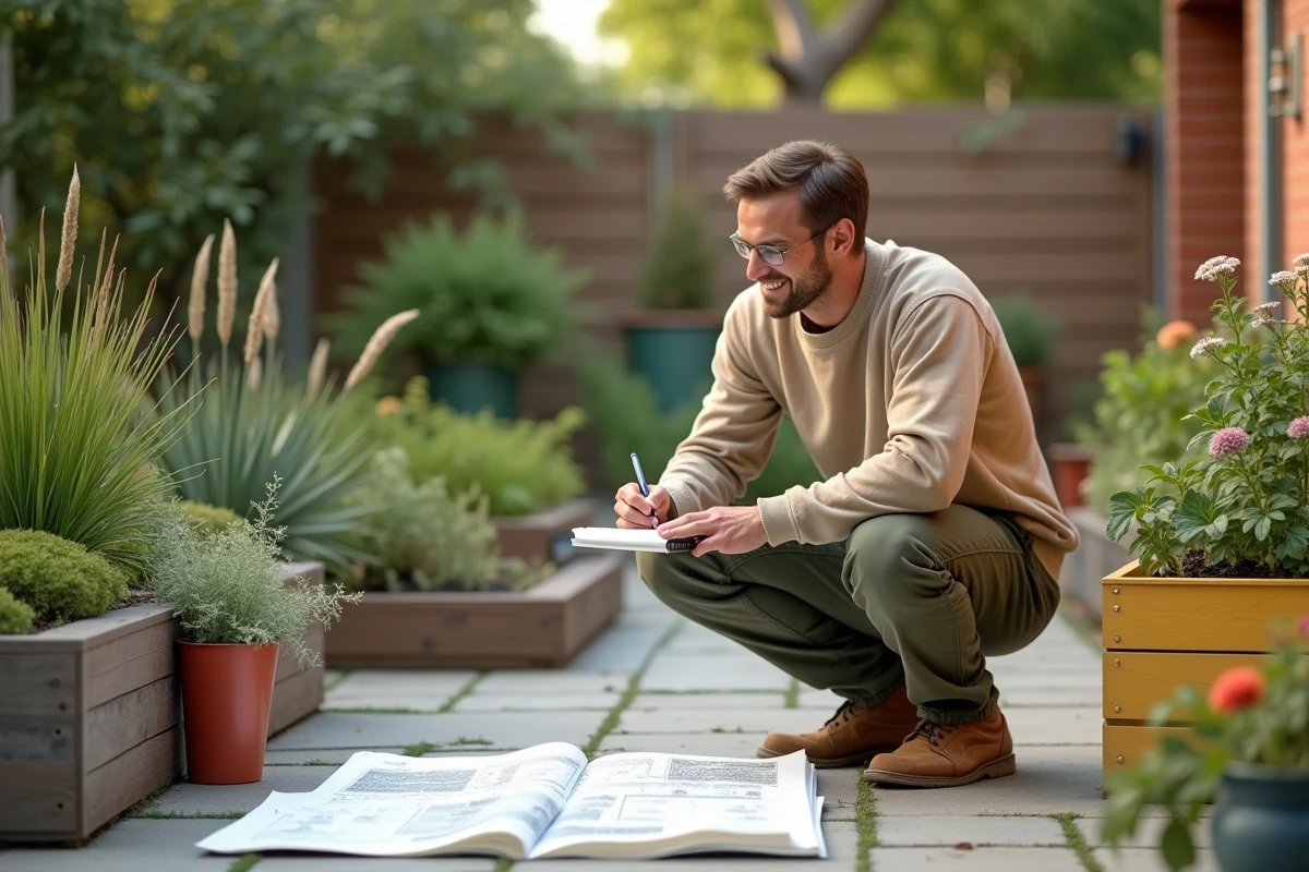 Jeune homme dessinant plans de jardin sur patio