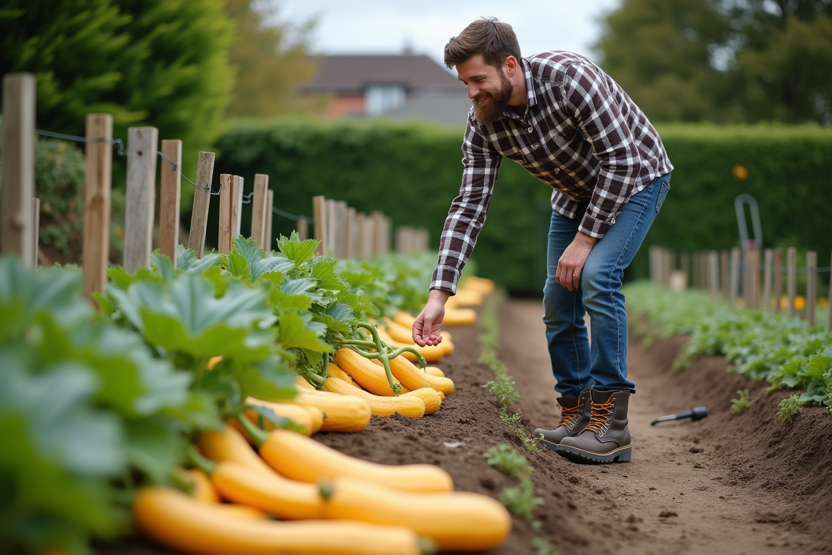 Jeune homme examinant des plants de potimarron dans un jardin