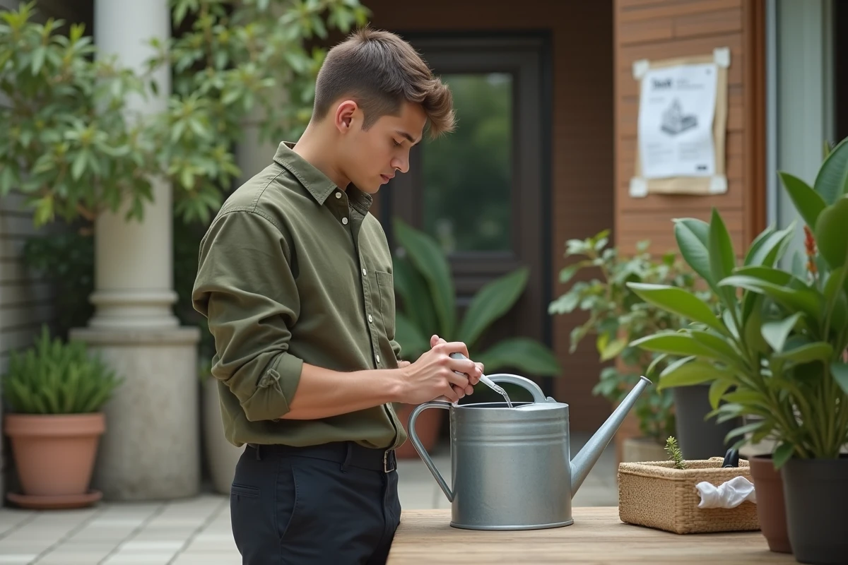 Jeune homme remplissant un arrosoir avec seringue dehors