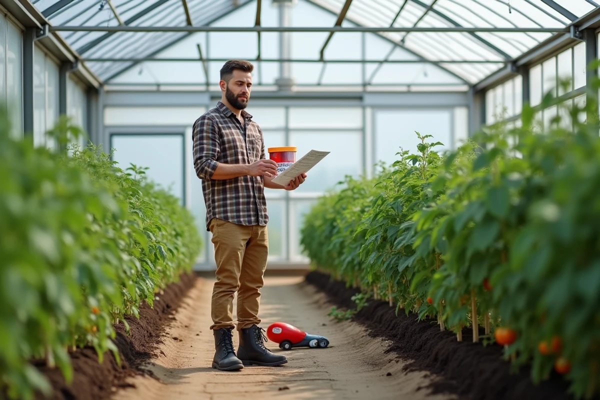 Jeune homme dans une serre avec Humonia et plants de tomates