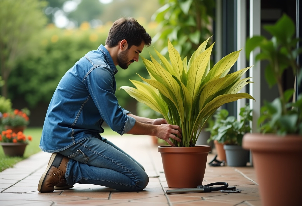 Jeune homme taillant une plante d