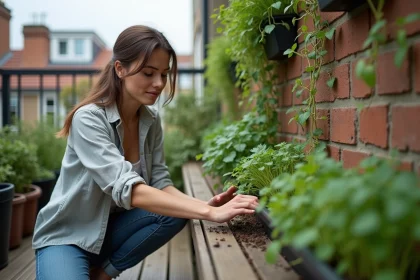 Jeune femme plantant sur un balcon urbain verdoyant