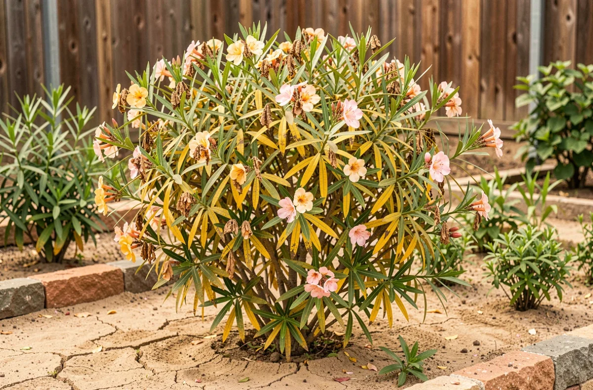 Laurier rose entier en pleine terre avec feuillage jauni et stressé dans un jardin sec, vue d'ensemble