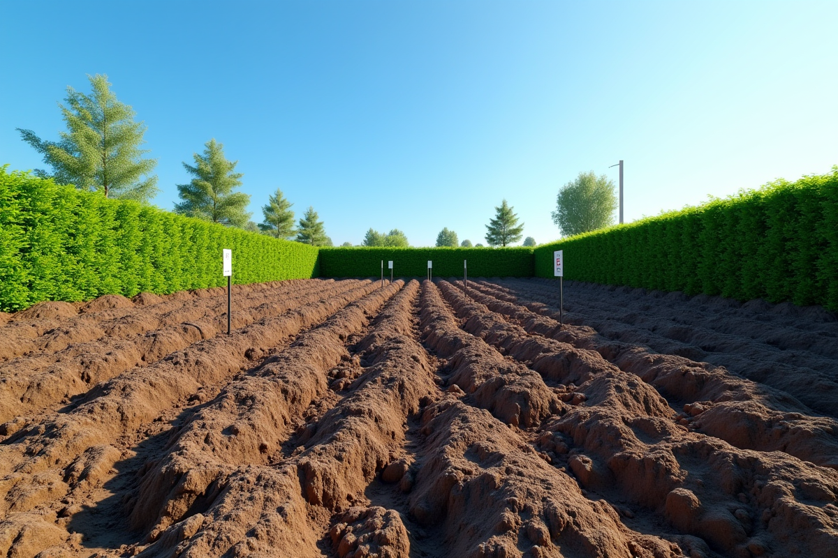 Terrain fraîchement nivelé avec sol riche et piquets de délimitation