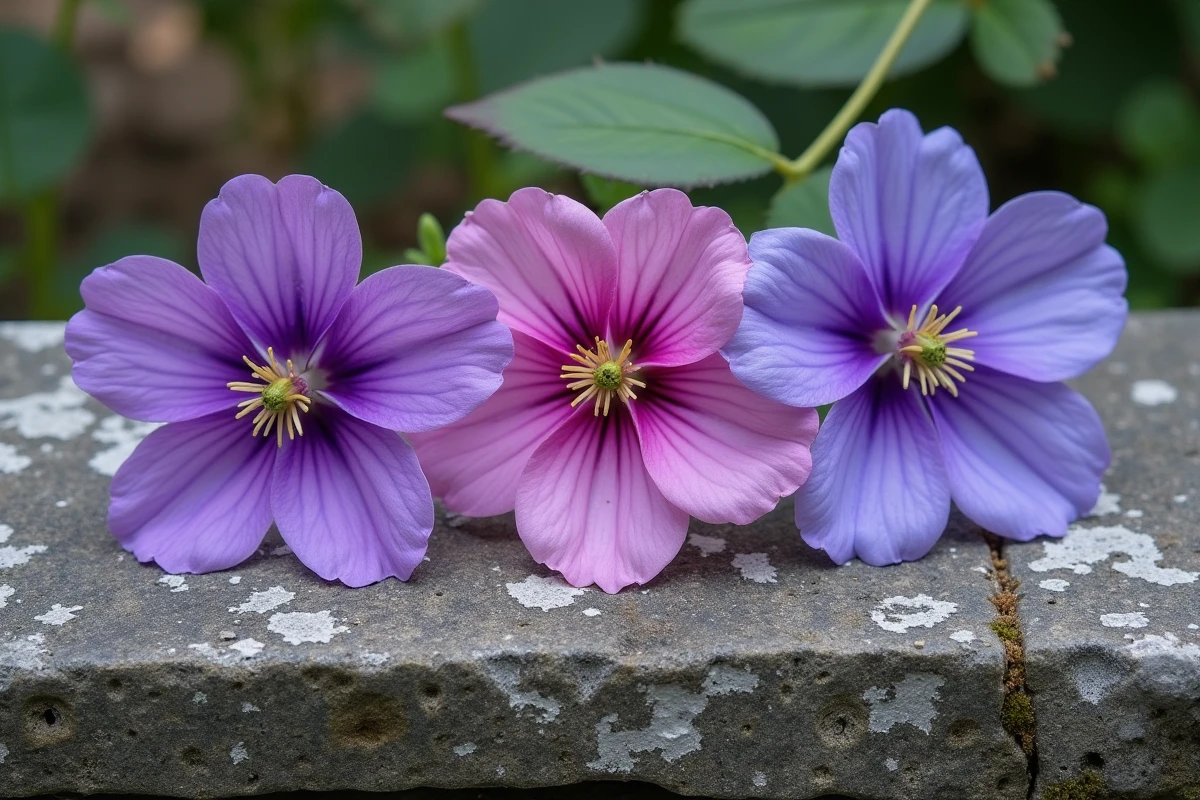 Vue macro de trois fleurs sauvages aux teintes mauves et violettes distinctes posées sur pierre, pour comparaison botanique des couleurs