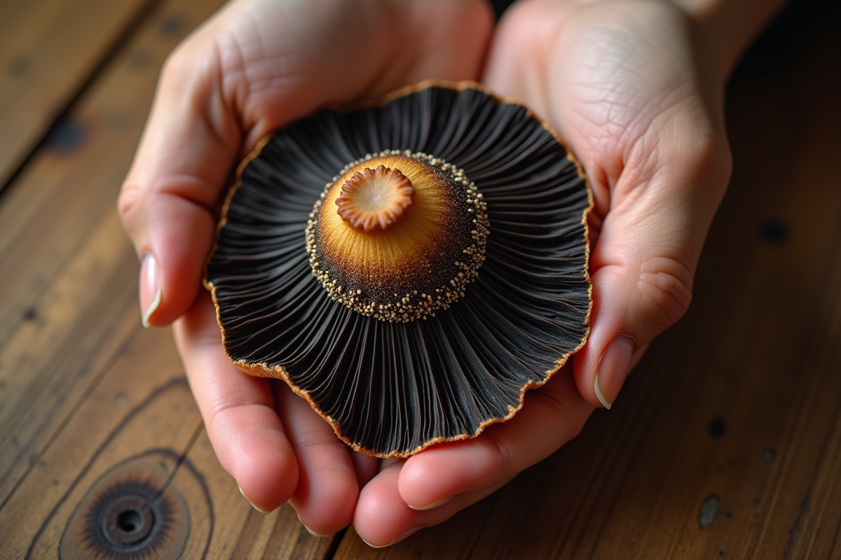 Main tenant délicatement une chanterelle noire sur table en bois