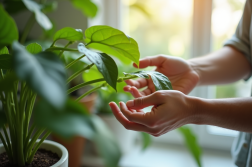 Mains manipulant un pothos sain au-dessus d'une eau claire