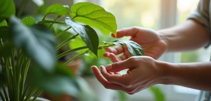 Mains manipulant un pothos sain au-dessus d'une eau claire