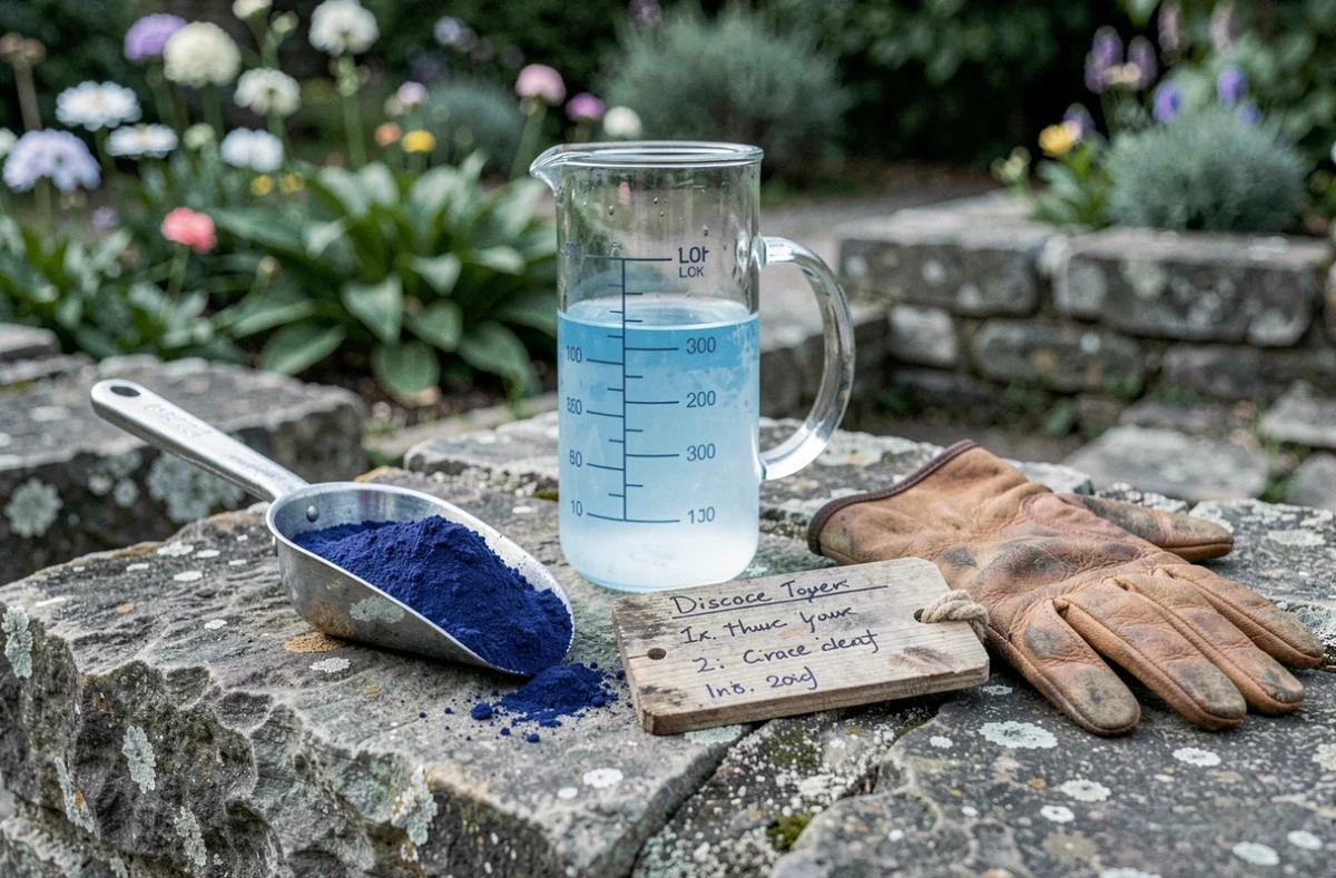 Matériel de dosage de la bouillie bordelaise disposé sur un muret de jardin avec mesures et poudre bleue cuivrique