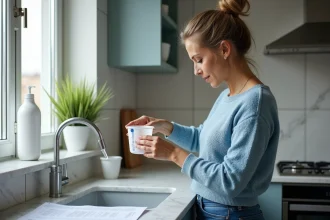 Femme mesurant de l'eau dans la cuisine avec marbre
