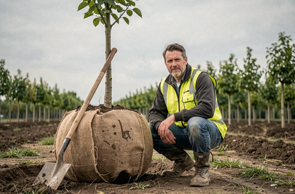 Paysagiste accroupi près d'un arbre à racines emballées dans la pépinière paysagère Mise Haut Vert dans le Nord, champ de pépinière en arrière-plan