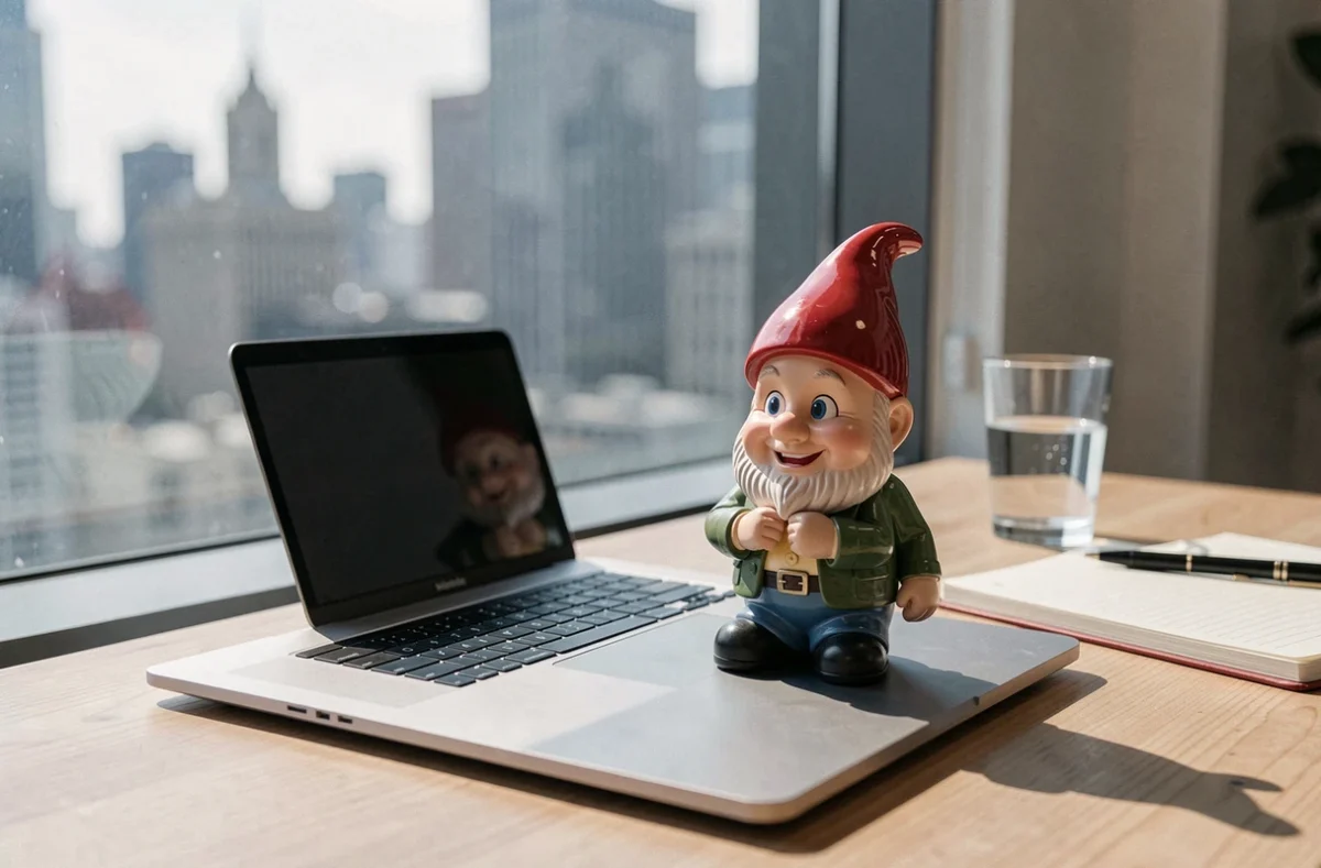 Nain de jardin posé près d'un ordinateur portable sur un bureau debout avec vue urbaine en arrière-plan, évoquant une pause bien-être au travail
