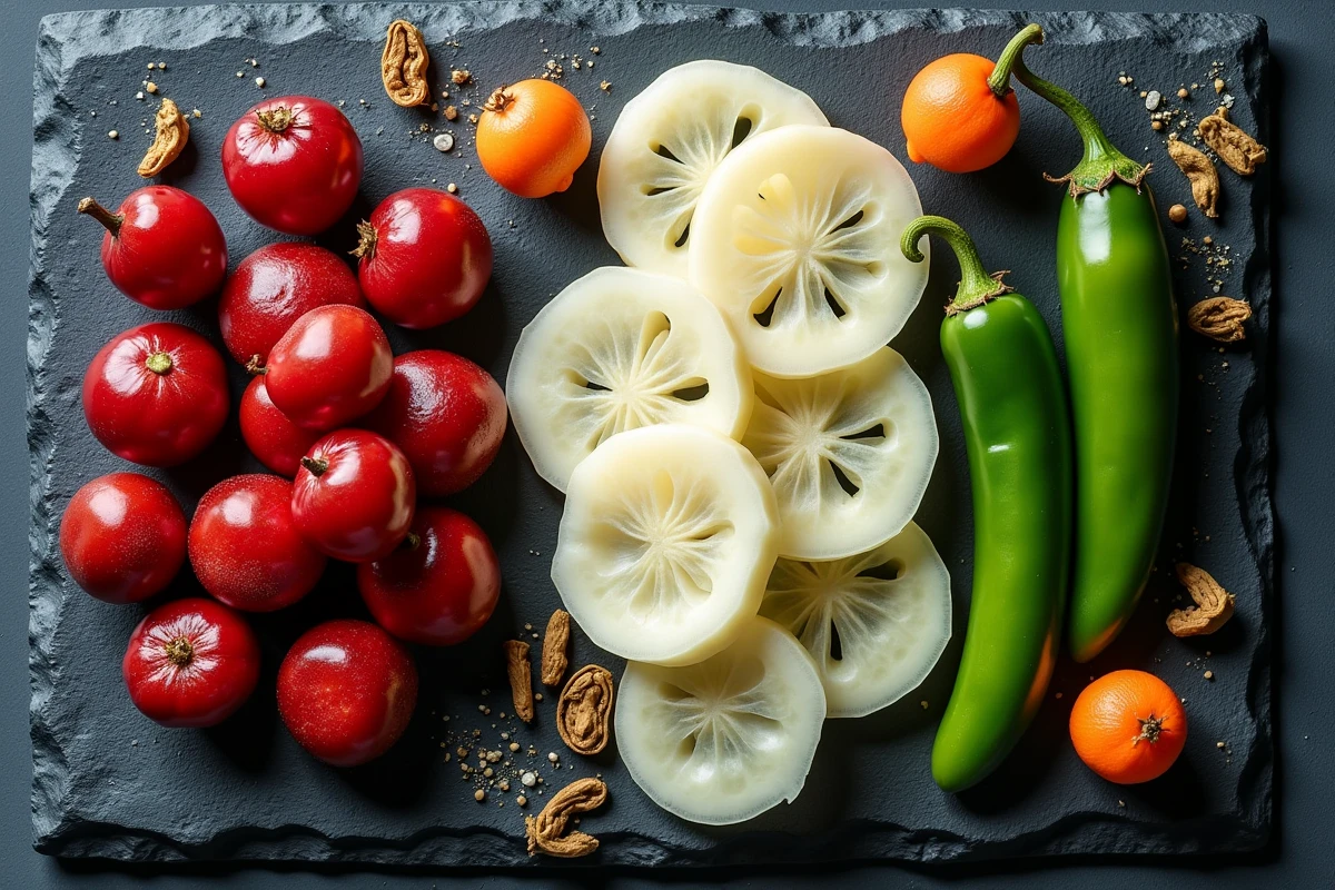Nature morte de fruits et légumes en J : jujubes, jicama tranché et jalapeños disposés sur une ardoise brute