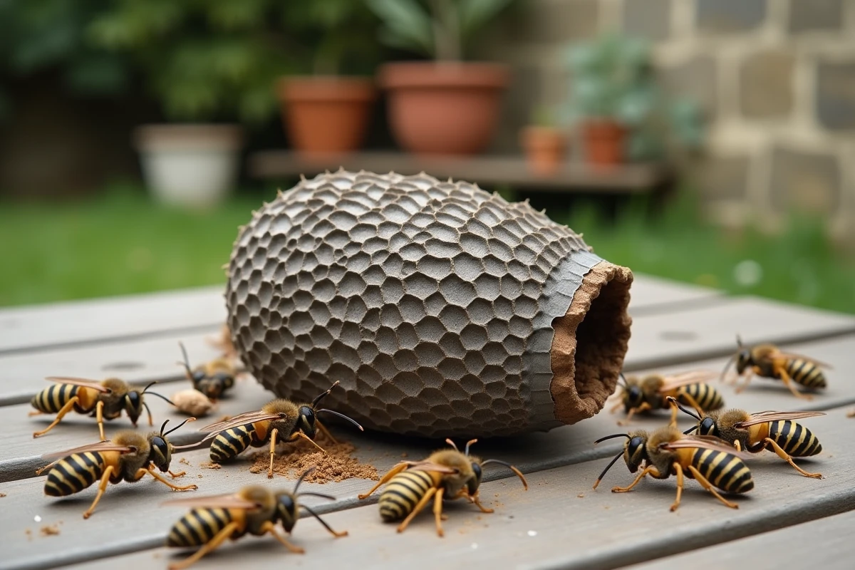 Nid de frelon asiatique retiré posé sur une table de jardin avec quelques frelons asiatiques morts autour