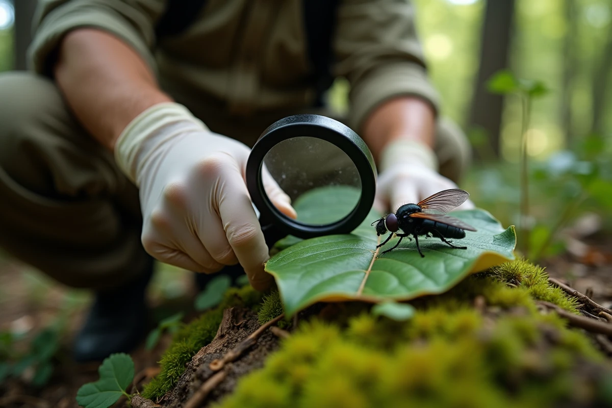 Personne observant un grand insecte noir volant sur une feuille avec une loupe, méthode d'identification sans le tuer en forêt