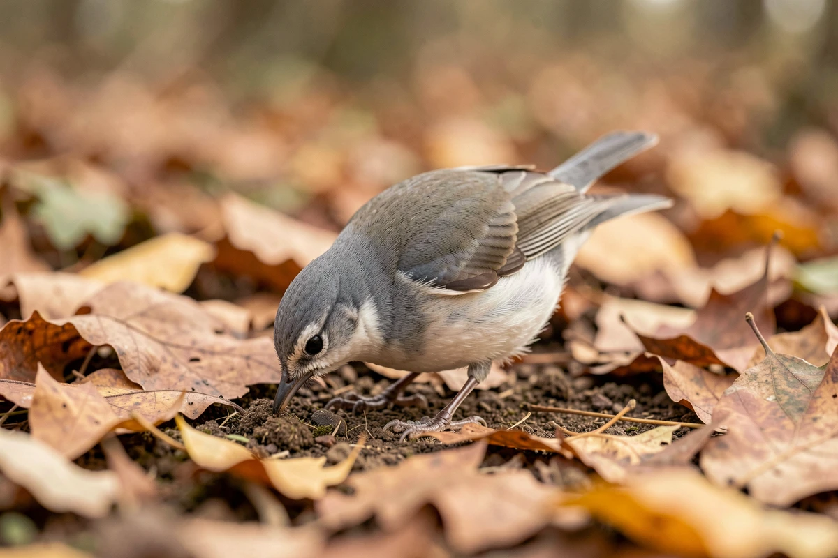 Petit oiseau gris et blanc cherchant sa nourriture parmi les feuilles mortes en forêt, plumage mimétique rendant l'identification difficile