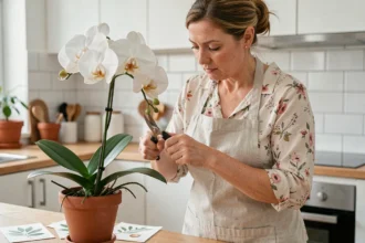 Femme taillant une orchidée Phalaenopsis après floraison en identifiant le nœud sur la tige fanée avec des ciseaux de jardinage