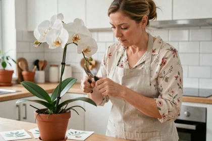 Femme taillant une orchidée Phalaenopsis après floraison en identifiant le nœud sur la tige fanée avec des ciseaux de jardinage