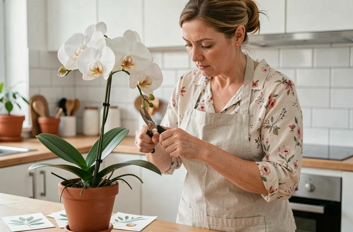 Femme taillant une orchidée Phalaenopsis après floraison en identifiant le nœud sur la tige fanée avec des ciseaux de jardinage