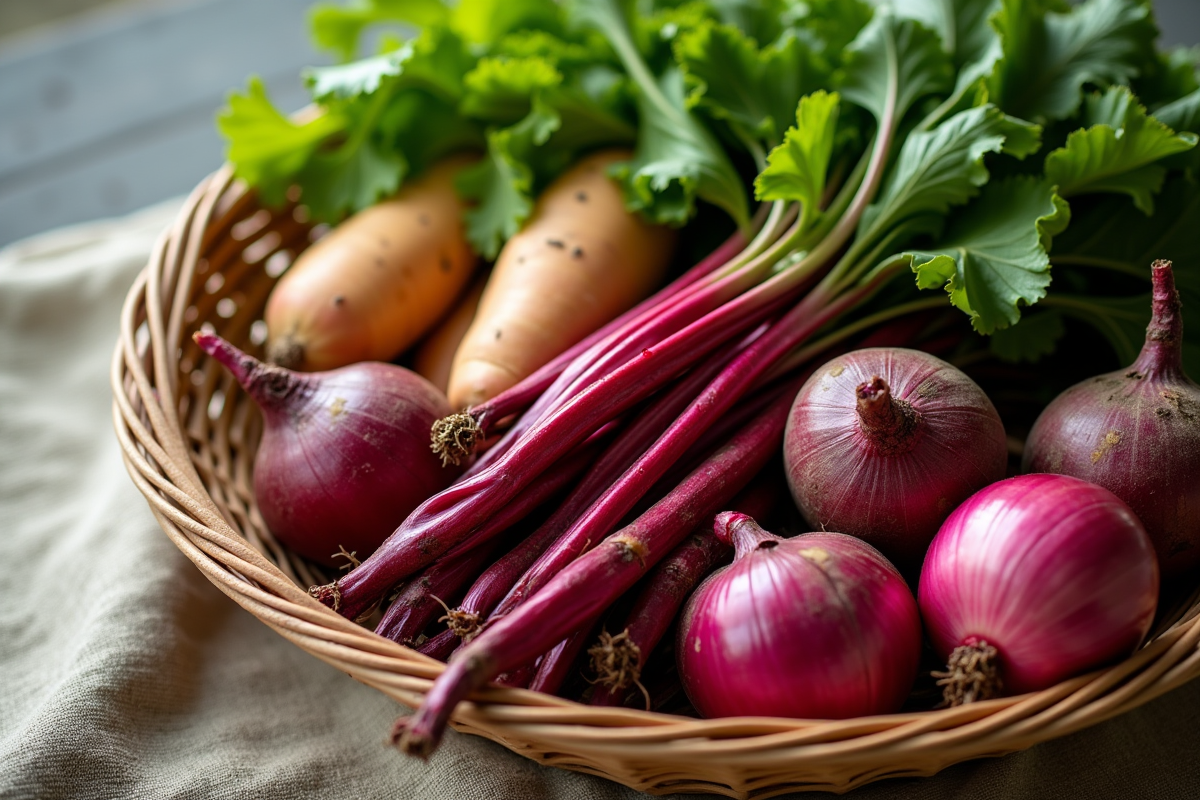 Panier rempli de betteraves et légumes frais sur tissu lumineux
