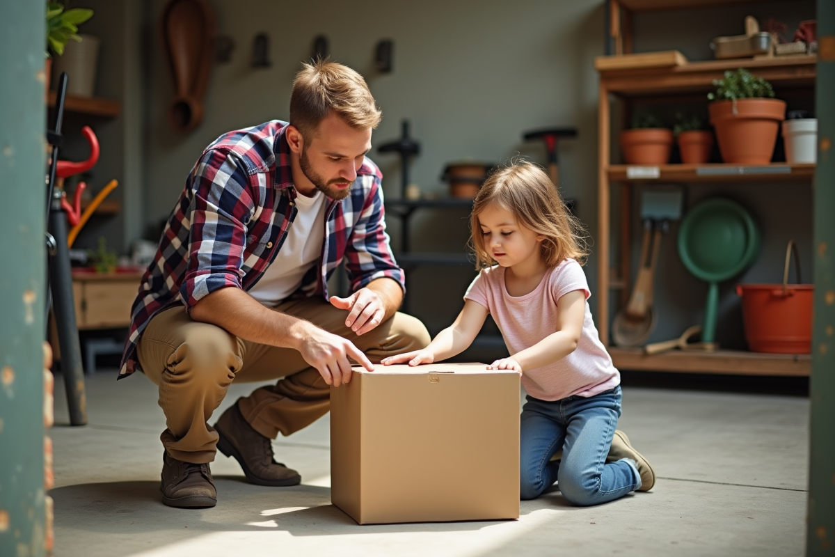 Père et fille examinant des cartons dans le garage