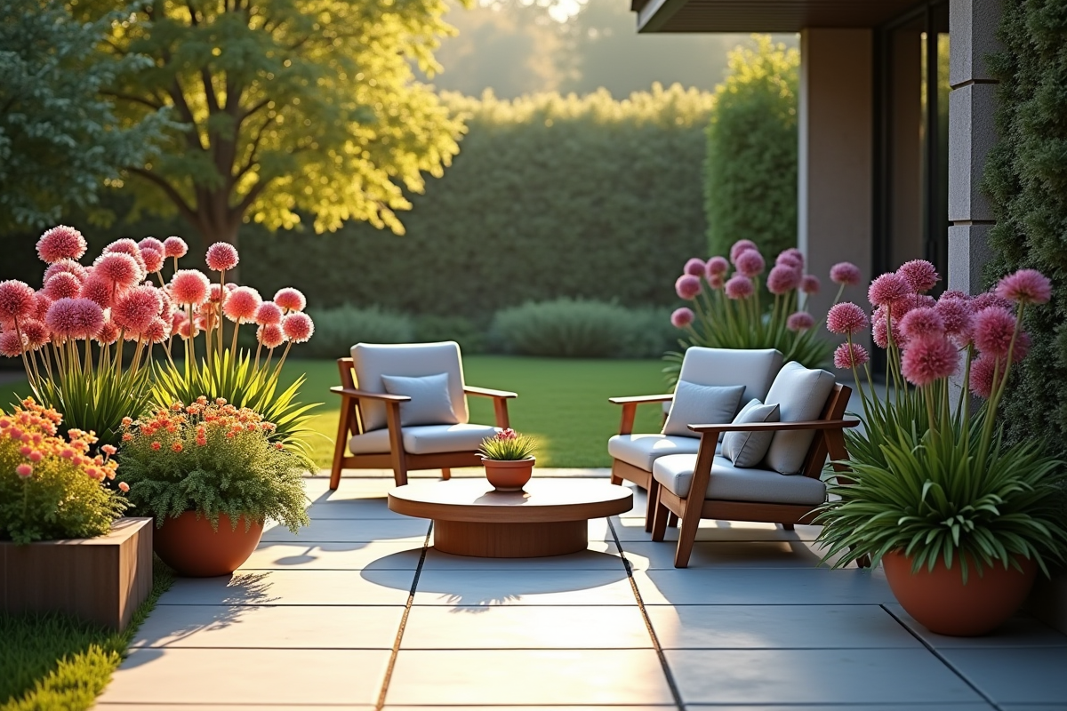 Patio moderne avec fleurs A en pot et ambiance paisible