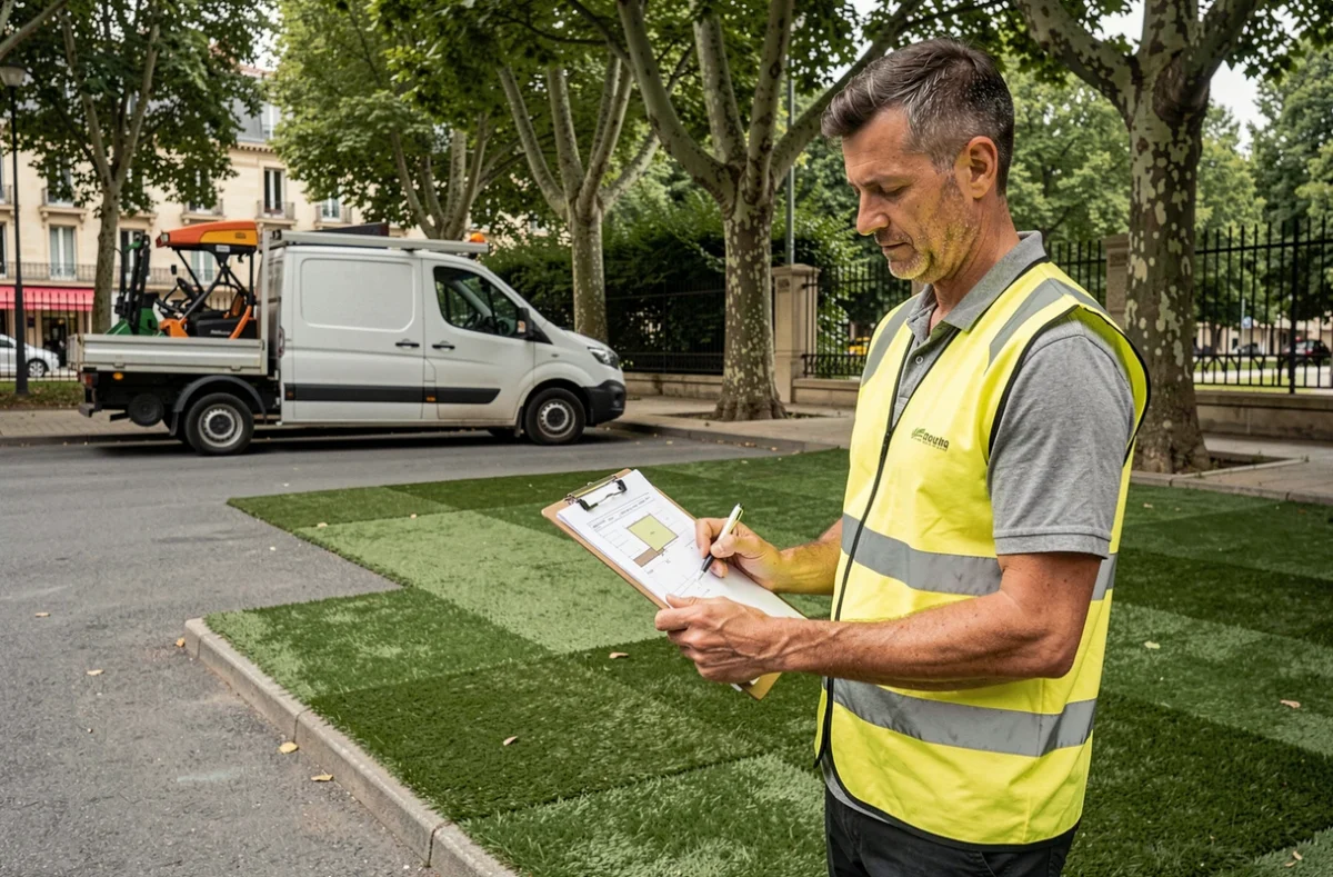 Technicien de Paysage Service 93 supervisant l'installation d'une pelouse dans un espace vert urbain de Seine-Saint-Denis